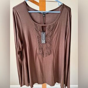 Cable & Gauge Women’s Chocolate Crochet Keyhole Long Sleeve Top XL NWT